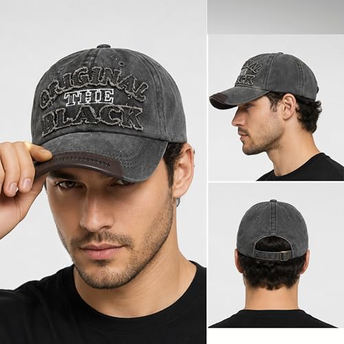 Image of Unisex Vintage Washed Cotton Baseball Cap for Men and Women | Distressed Style Adjustable Dad Hat with Letter Embroidery for Sun Protection, Sports & Casual Wear - Charcoal Black