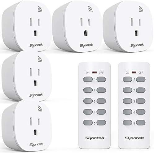 Syantek Remote Control Outlet Wireless Light Switch for Household Appliances, Expandable Remote Light Switch Kit, Up to 100 ft Range, FCC Certified, ETL Listed, White (5 Outlets + 2 Remotes)