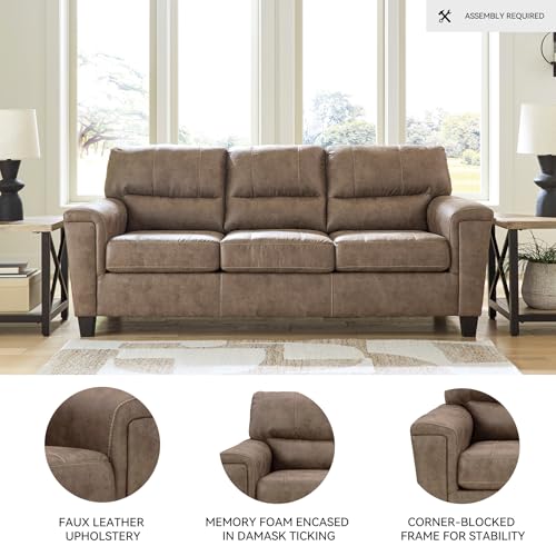 Image of Signature Design by Ashley Navi Queen Sleeper Sofa, Modern Pull Out Couch with Bi-Fold Memory Foam Mattress, Easy-Clean Faux Leather Upholstery for Living Room or Guest Spaces, 89 inch W, Fossil