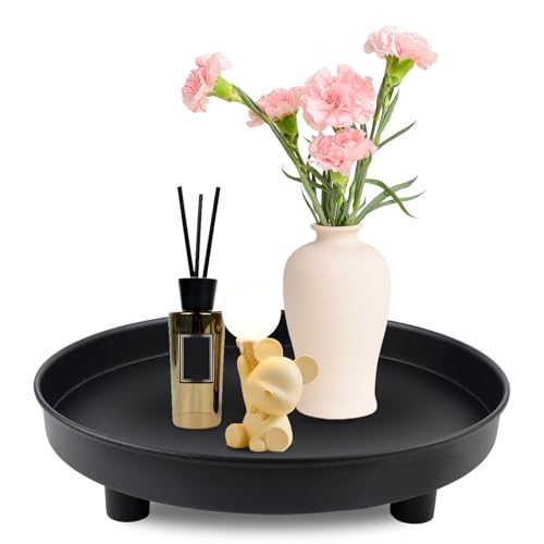 Vassoio da portata rotondo, nero, 23 cm, rotondo, in acciaio inox, piatto decorativo in metallo, organizer per candele, vassoio per il trucco dei gioielli