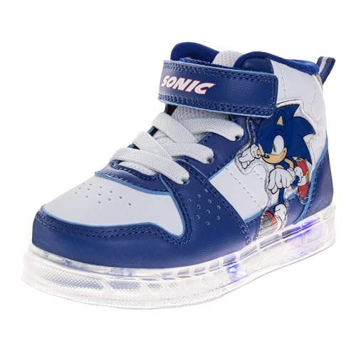 Josmo Sonic The Hedgehog Hightop Sneakers with LED Lights - Sonic Shoe for Kid Boys - Lightweight Breathable Lace Up Ankle Strap Hi Shoes - Blue White (Size 6 Toddler)