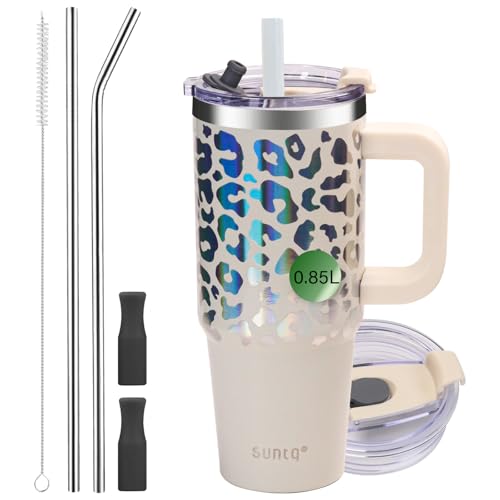 SUNTQ 850ml Tumbler mit Griff, Doppelwandige Vakuum Isolierte Wasserflasche mit Stroh und Deckel, Edelstahl Reise Kaffeebecher, Thermische Tasse für Getränke, Fit in Becherhalter(Off-white/Leopard)