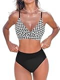CUPSHE Bikini Sets for Women Two Piece Swimsuits High Waisted Twist Front Adjustable Spaghetti Straps V Neck Back,L