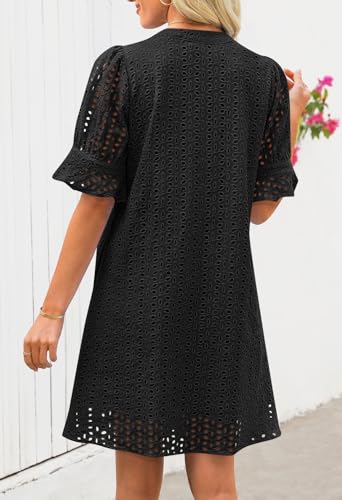 MEROKEETY Women's 2025 Summer Short Sleeve Mini Dress V Neck Ruffle Hollow Out Eyelet Lace Dresses4