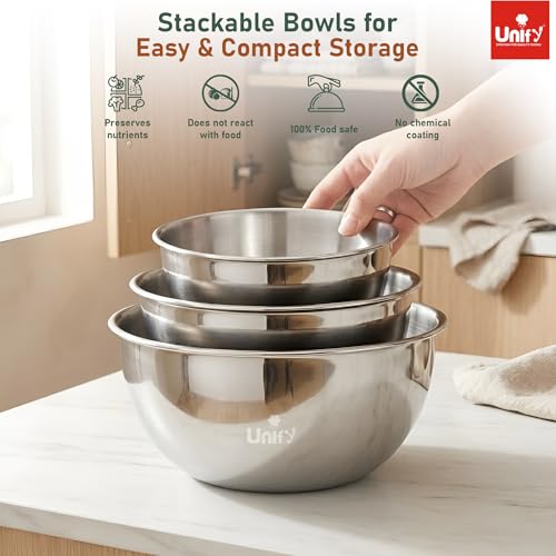 Image of Unify 3 Pieces Stainless Steel Mixing Bowls Set (1100ml, 2000ml, 3400ml) | Katori /Katora Set | Large Kitchen Bowls for Mixing Dough, Salad, Serving | Heavy Duty & Rust Free (Amora Design)