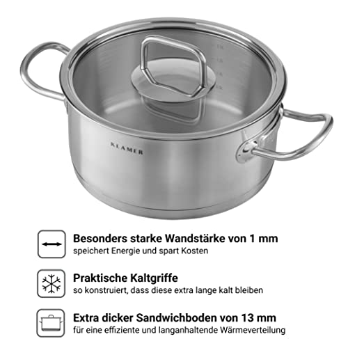 Klamer Premium Edelstahl Kochtopf-Set mit Glasdeckel