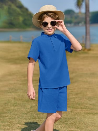 Image of Haloumoning Boys 2 Piece Cotton Set Kids Casual Henley Shirts Short Sleeve Beach Shorts Summer Outfits 5-14 Years
