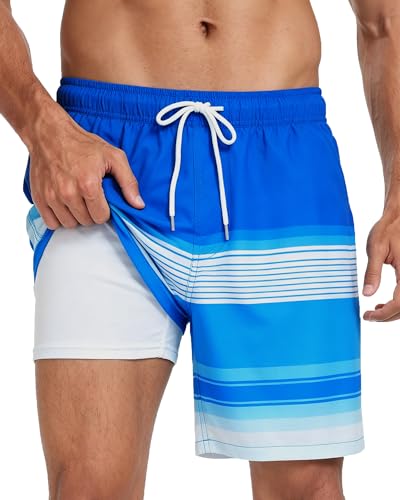 Image of Mens Swim Trunks with Compression Liner 2 in 1 Quick Dry Swimming Shorts Swimwear Bathing Suits with Pockets