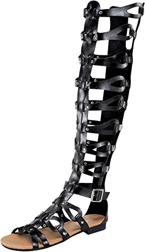 Forvever Atta 17 Womens Knee High Caged Gladiator Strappy Flat Sandals Black 8.5