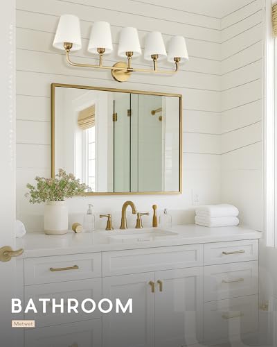 Image of 5-Light Bathroom Light Fixtures, Brushed Gold Vanity Lights with Flared Beige Fabric Shade, 35 Inch Wall Sconce, Vintage Sconces Wall Lighting for Hallway Bedroom, VL837-BG-B-5