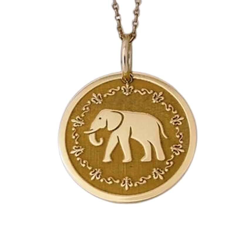 Elephant Embossed Pendant Necklace Made in Brass With Gold Plating 18" Cable Chain Round Shape Charm For Unisex Handmade Jewelry |GJ_EMBO_00388