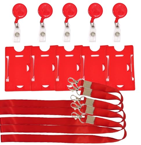 Image of ANG Plastic ID Badge Holder, ID Badge Reel, Lanyard RED (Pack of 5)
