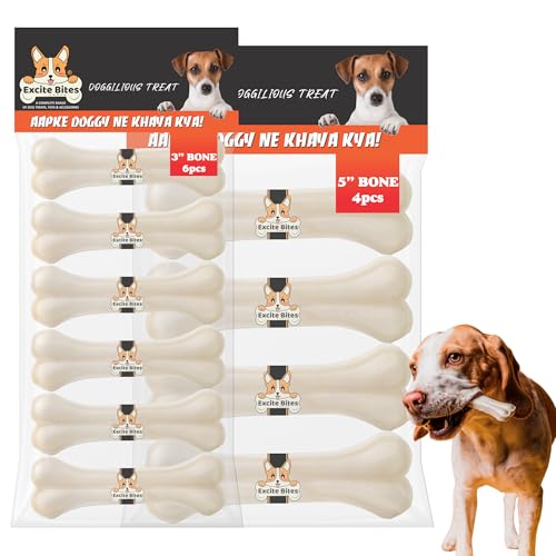 Image of Excite Bites Pressed Rawhide Bones for Dog Treats|Dog Calcium Bone Dog Chewing Needs|3Inch & 5Inch Calcium Bone Treat for All Dogs|Combo Offer (3 inch-6Pcs)(5 inch-4Pcs), 485 G (Pack of 2),All Life Stages