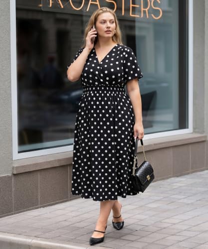 Image of CARCOS Plus Size Dresses for Curvy Women V Neck Summer Maxi Dress Short Sleeve Floral Boho Dress Smocked Waist Beach Dress