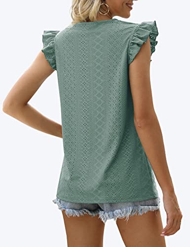 Jescakoo Womens Tank Tops Casual Summer Short Sleeve Eyelet Blouse Hollow Out Green M #TOP3