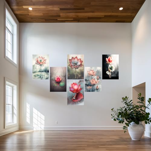 Image of SiddArtify Lotus Flower Wall Art Prints Set - Watercolor Floral Poster Decor for Living Room Bedroom Office - 8x12 Sticker Pack of 6