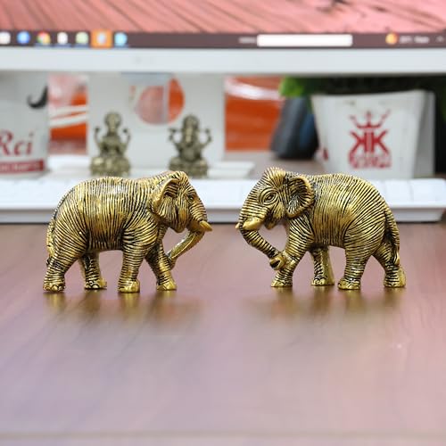 Image of KridayKraft African Elephants Animal Decorative Showpiece Figurine Set of 2 Pcs Metal Handcrafed Gold Toned Antique Finish, Home Decor