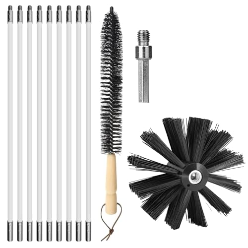 12pcs Kit de reamontonado, Erizo Ramonado, Cepillo Limpieza Chimenea Kit Cepillo de Chimenea Cepillo Limpieza de Chimenea con 9 varillas de Nylon, Cabeza Cepillo, Conector de taladro, Cepillo largo