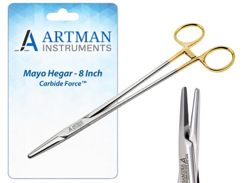 Artman Instruments Mayo Hegar Needle Holder 8" Tungsten Carbide Inserts, Gold Plated Needle Driver with Strong Lock, Serrated Jaws for Precise Suturing, Autoclavable (8 Inches)