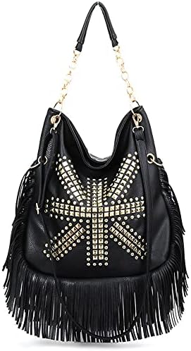 Teanea PU Leather Fringe Hobo Bag Large Studded Handbag Crossbody Bag for Women, Black