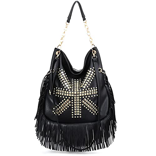 Teanea Pu Leather Fringe Hobo Bag Large Studded Handbag Crossbody Bag For Women, Black #TOP3