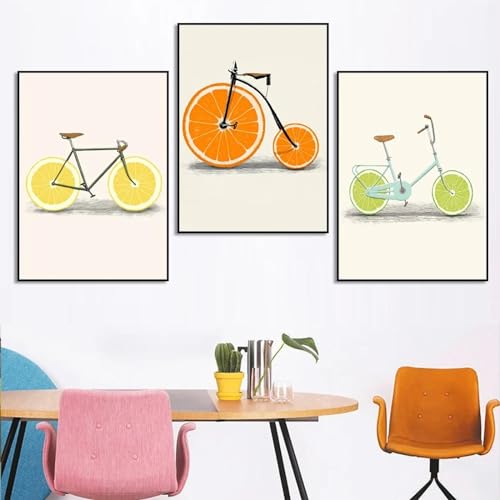 Décoration murale salle à manger toile de fruits et vélo pour un salon lumineux
