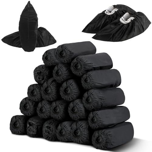 Tigeen 200 Pcs/ 100 Pairs Disposable Shoe Covers Non Woven Stretchable Boot Covers Non Slip Waterproof Shoe Protector for Women Men Fits Size 4-12 Booties Carpet Floor (Black)