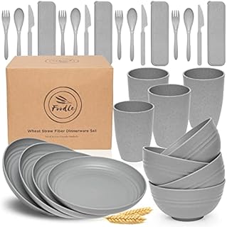 FOODLE Wheat Straw Dinnerware Sets - (28pcs) Lightweight & Unbreakable Dishes - Microwave & Dishwasher Safe - Perfect for Camping, Picnic, RV, Dorm - Plates, Cups and Bowls - Great for Kids & Adults
