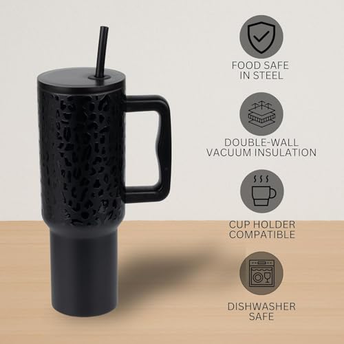Image of Personalised with Your Name, 1200ml Tumbler with Straw-Handle-Stainless Steel Double Wall Insulated Cup | Leakproof Sipper Mug for Hot-Cold Drinks |Coffee - WaterTumbler (Leapard Black Custom)