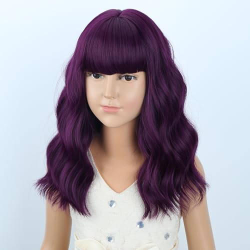 Image of Kids Purple Wig Girls Short Purple Wavy Curly Wigs Child Wig with Air Bangs Synthetic Cosplay Hair Wigs