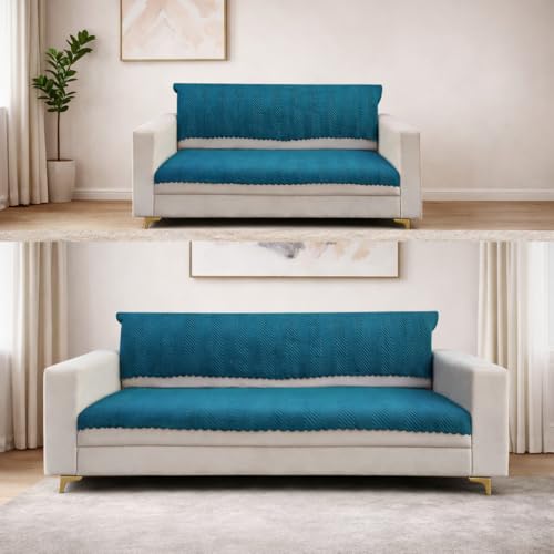 Image of Homerz Premium Velvet Sofa Cover Panel | Soft & Velvety Fabric | Rich Vibrant Colours | Sofa Protector for Living Room (Teal, 5 (3+2) Seater, Seat Cover with Backrest)