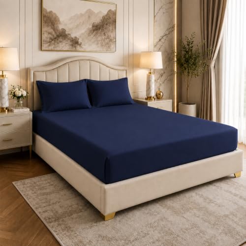 Image of LINENWALAS 100% Cotton Fitted Bedsheet, 400tc Long Staple Imported Egyptian Cotton, Premium Bed Sheet with Pillowcase for Single Bed All-Around Elastic for 4-8 Inch Mattresses (36 inch x78 inch, Navy Blue)