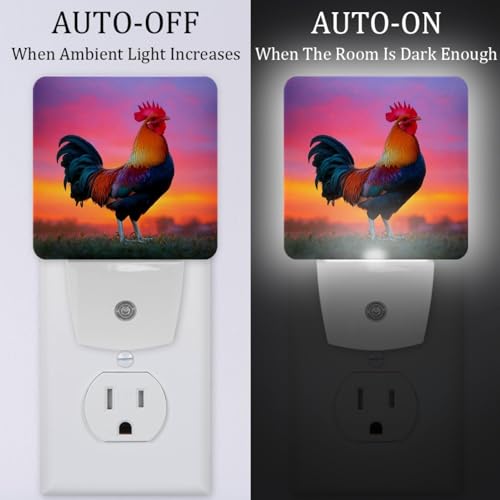 Image of NEWzone Rooster Sunset Night Light Set of 2, Auto Sensor LED Dusk-to-Dawn Nightlights, Plug-in Sensor Lamp for Bedroom Bathroom Kitchen Hallway Stairs Decorative