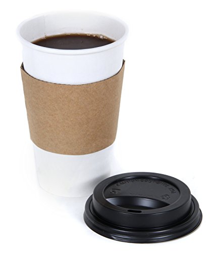 CucinaPrime White Paper Coffee Hot Cups with Black Travel Lids and Sleeves - 16 oz, 100 Count
