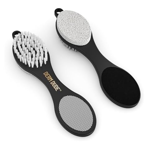 Derm Dude 4-in-1 Foot Scrubber & Heel Scrapper - Dead Skin & Callus Remover - Metal File, Pumice Stone, Emery Board, Cleaning Brush Cover
