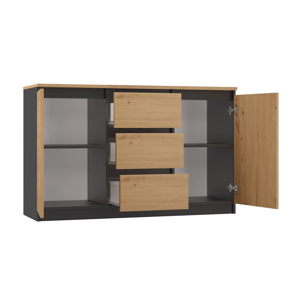 VBChome Kommode mit 2 Türen und 3 Schubladen 120 x 40 x 75 cm Eiche Aritsan - Antrazit Grifflose Schubladenkommode Mehrzweckschrank für Flur Schlafzimmer Wohnzimmer Kinderzimmer Eiche Aritsan-Antrazit