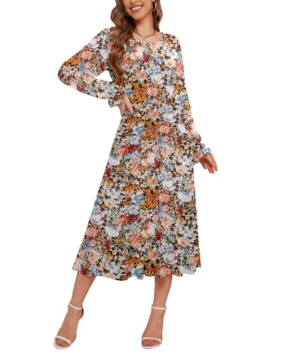CYiNu Women's Midi Dresses Long Sleeve Crew Neck Flowy Casual Floral Boho Tiered Chiffon Smocked Elegant Dress