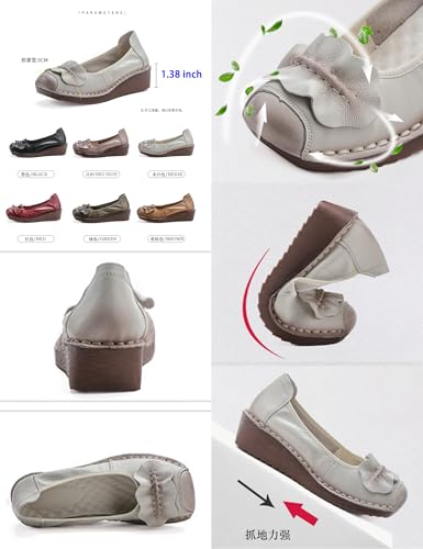 Women's Leather Wedge Pumps,Trendy Ruched Bow Closed Toe Comfortable Oxford Non-Slip Soft Sole Casual Dress Shoes2