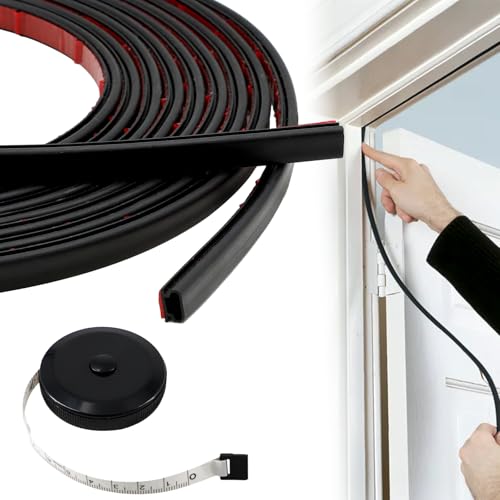 KASURE 6m Joint Porte Entree, Type D boudin de Porte Isolant Froid Avec un Ruban à Mesurer, Joint de Porte D'entrée en Caoutchouc Autocollante, Pour Isolation Phonique Porte, Joint PortE(Noir)