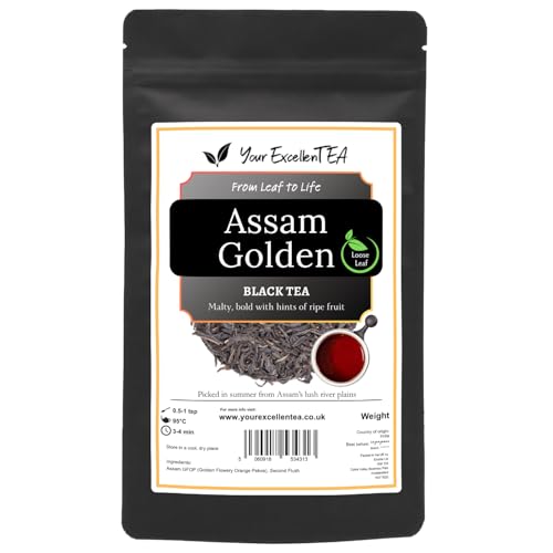 Assam Golden (500g) Black Loose Leaf Tea Second Flush Golden Flowery Orange Pekoe Malty Strong Rich Amber Smooth Honey Notes Bold with Twisted Leaves, Resealable Pouch to Preserve Freshness