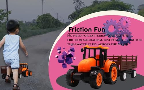 Image of Friction Powered Tractor Trolley Toy for Kids | Farm Tractor Toy with Trailer for Boys & Girls | Push & Go Tractor Vehicle Toy | BIS Certified | NeoKiddo (Orange)