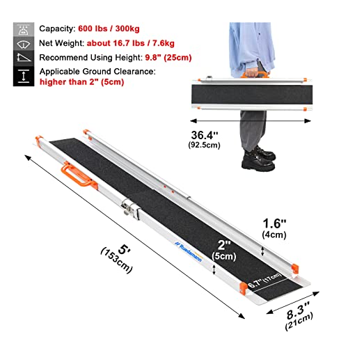 Ruedamann 5'L × 8.3" W Adjustable Aluminum Wheelchair Ramp,600Lbs Capacity,Portable Telescoping Non-Skid Surface Wheelchair Ramp For Home, Stairs, Steps #TOP2