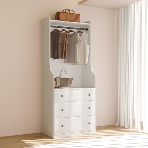 TUSY Larger Armoire Wardrobe Closet with Hanging Rods & 2 Drawers, 81.9" Tall Wardrobe Closet Cabinet, Modern White Bedroom Armoire System, Modern Clothes Storage Cabinet (C)