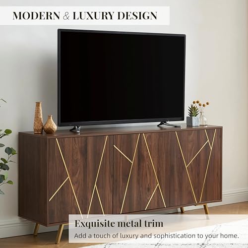 EDYO LIVING 63\" Mid-Century Modern Sideboard Buffet Cabinet, Credenza Storage Cabinet, Wood Accent Cabinet, Media Console for Living Room, Dark Walnut - Thumbnail 5