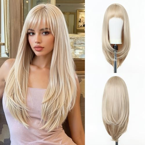 Esmee Long Straight Blonde Wigs for Women with Fringe Natural Synthetic Hair Wig for Daily & Party Use