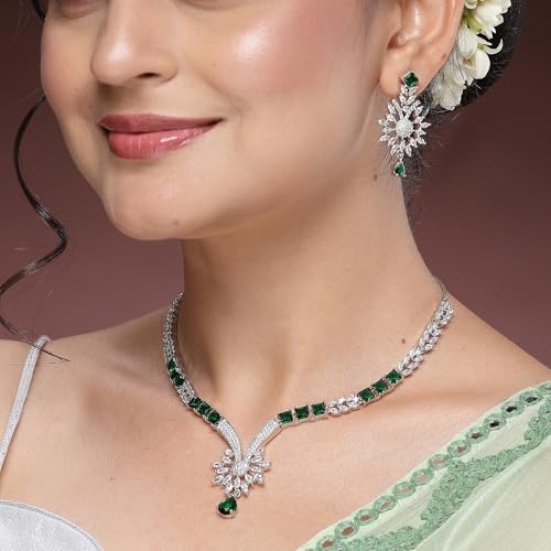 Image of ZENEME Rhodium Plated Brass Silver Toned Floral & Tear Drop Blue Crystal American Diamond Necklace With Earring Jewellery Set For Women