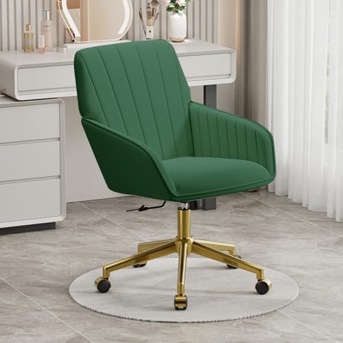 YISHENG Velvet Office Desk Chair with Gold Base with Wheels Modern Height Adjustable 360 Degree Swivel Upholstered Vanity Chairs with Arms for Living Room Bedroom Green