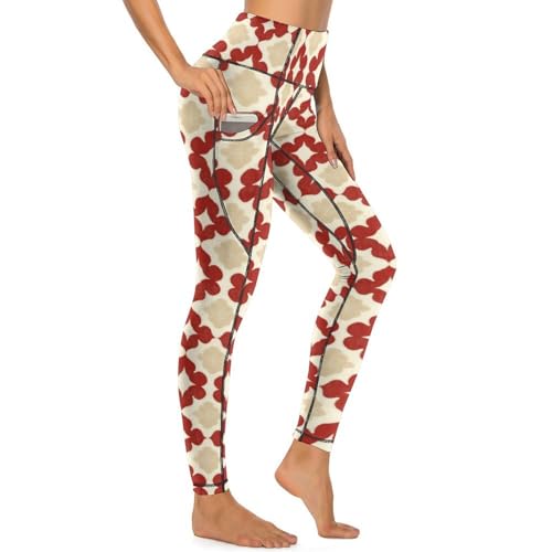 Legging floral rouge femme : pantalon de yoga taille haute à poches