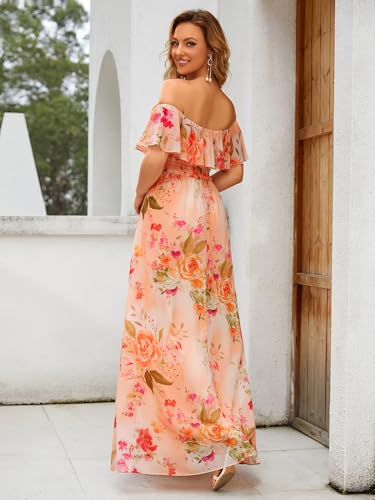 Image of Ever-Pretty Women's Summer Off The Shoulder Flowy Chiffon Formal Wedding Guest Dresses Maxi Side Split Beach Bridesmaid Dress