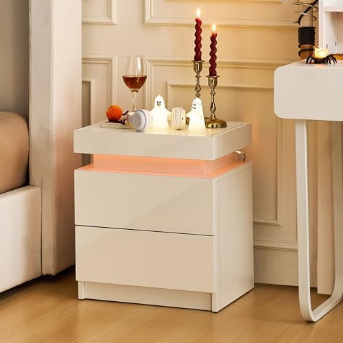 CLIPOP Nachttisch mit LED-Beleuchtung,Hochglanzfront Nachtschrank, Einstellbare Farben,Weiß Beistelltisch Sofatisch mit Schubladen und Staufach für...